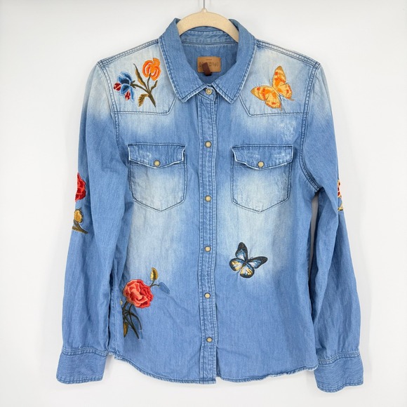 DRIFTWOOD Tops - Driftwood Olivia Embroidered Denim Western Shirt LRG Floral Butterfly Pearl Snap
